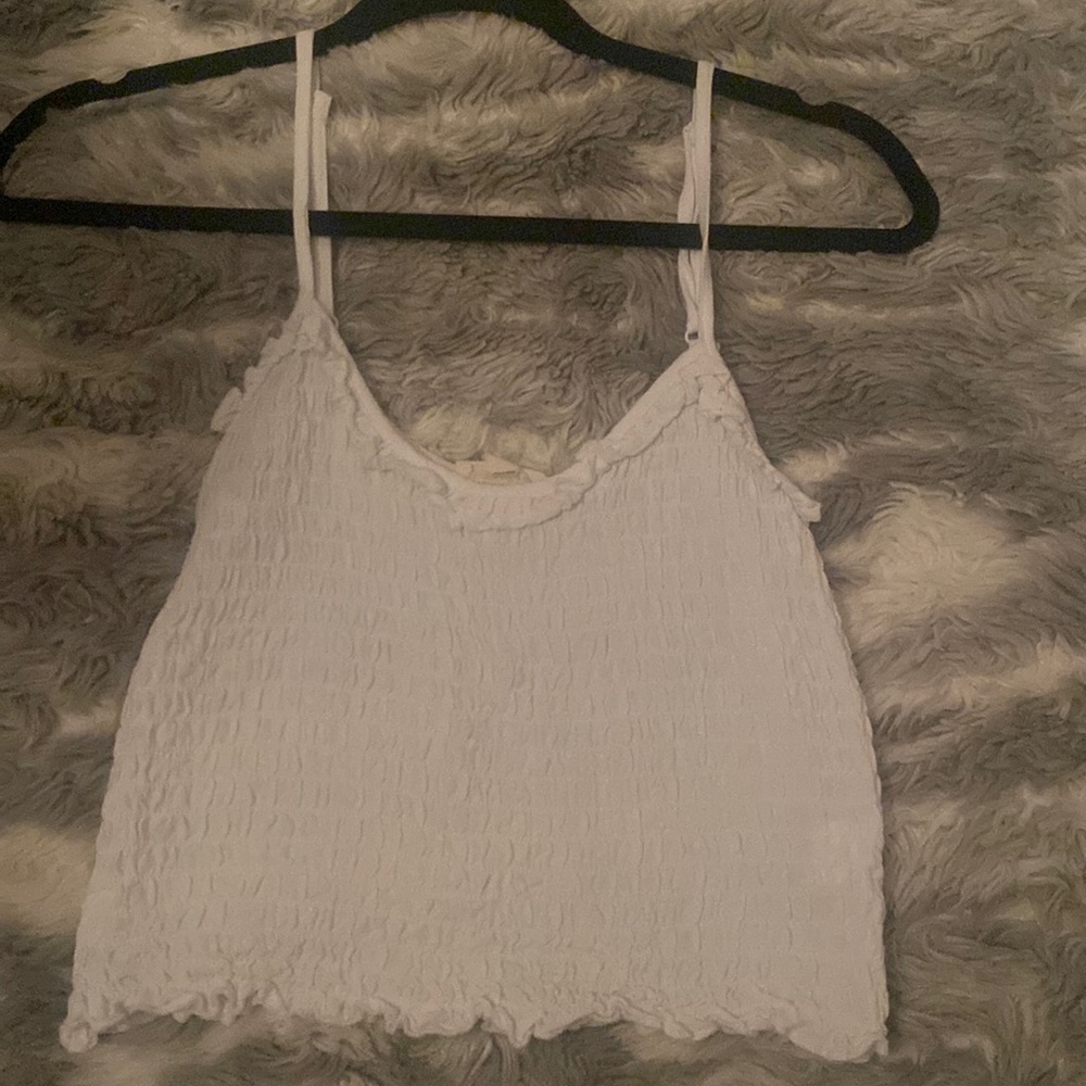 white, rouched, frilly trim tank top